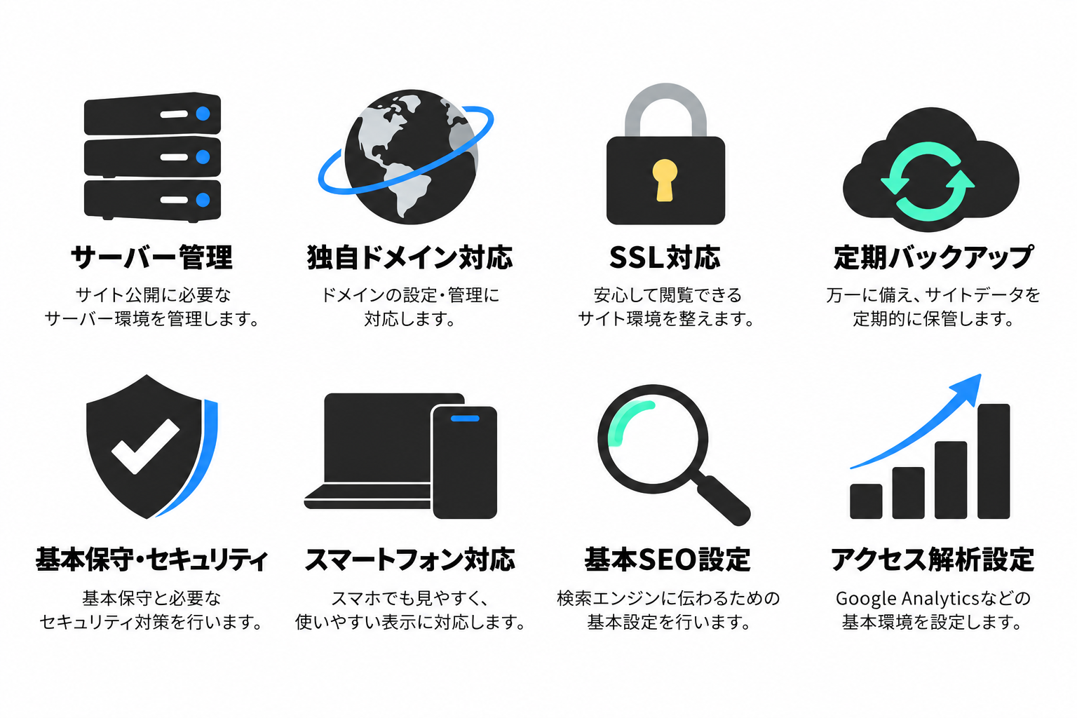 サーバー管理、独自ドメイン対応、SSL対応、定期バックアップ、基本保守・セキュリティ、スマートフォン対応、基本SEO設定、アクセス解析設定